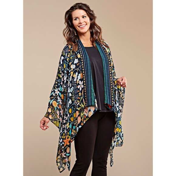 Vismaya Tops - Anthropologie Vismaya Multicolor Floral & Fruit Sheer Kimono Topper One Size